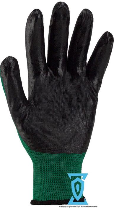Перчатки рабочие стрейчевые покрытые гладким нитрилом (зелено-черные)